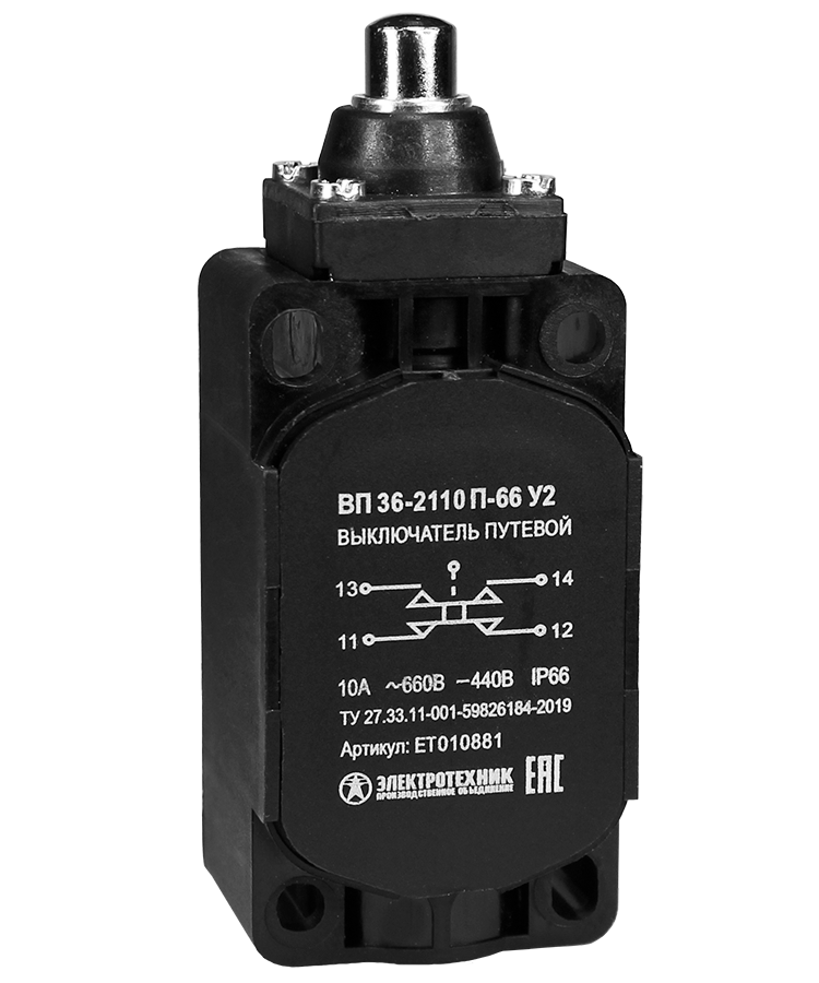 ВП 36-2110П-66 У2, толкатель, 1з+1р, мгновенный, 30х60 мм, без сальника, 3А, IP66, выключатель путевой Электротехник