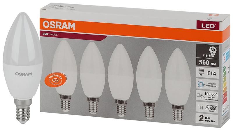 Лампа светодиодная LED Value LVCLB60 7SW/865 свеча матовая E14 230В 2х5 RU (уп.5шт) OSRAM 4058075577985